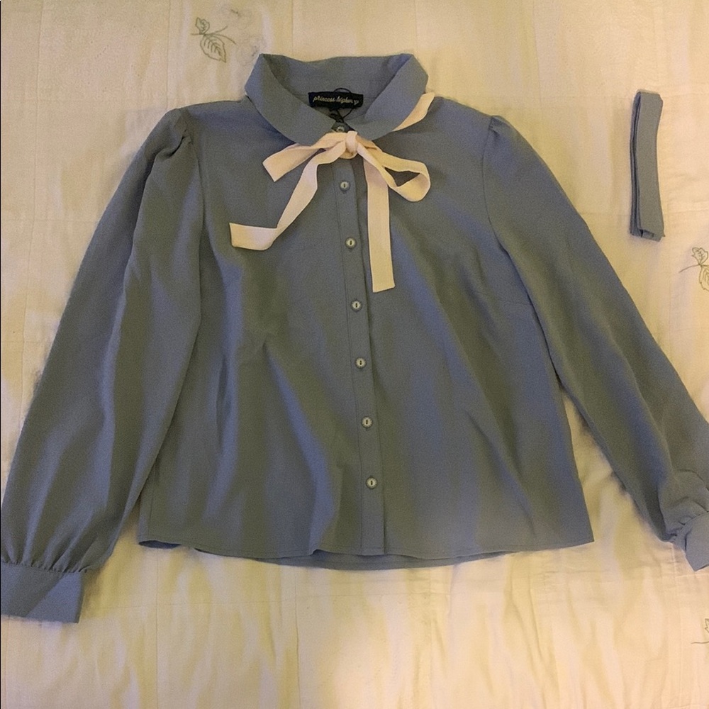 Blue Button-Up Blouse with Bow